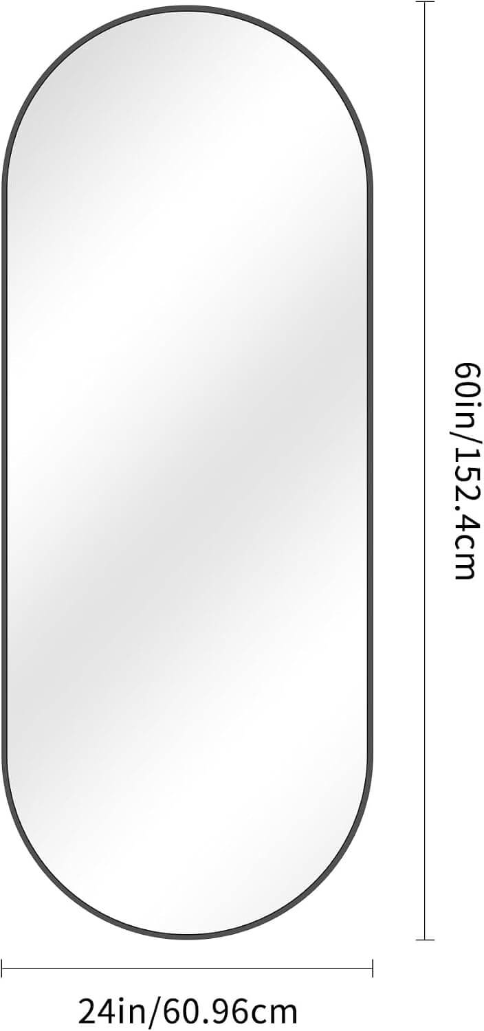 Sleek Black Oval Wall Mirror - 24" x 60" Modern Metal Frame for Bathroom, Bedroom, and Entryway