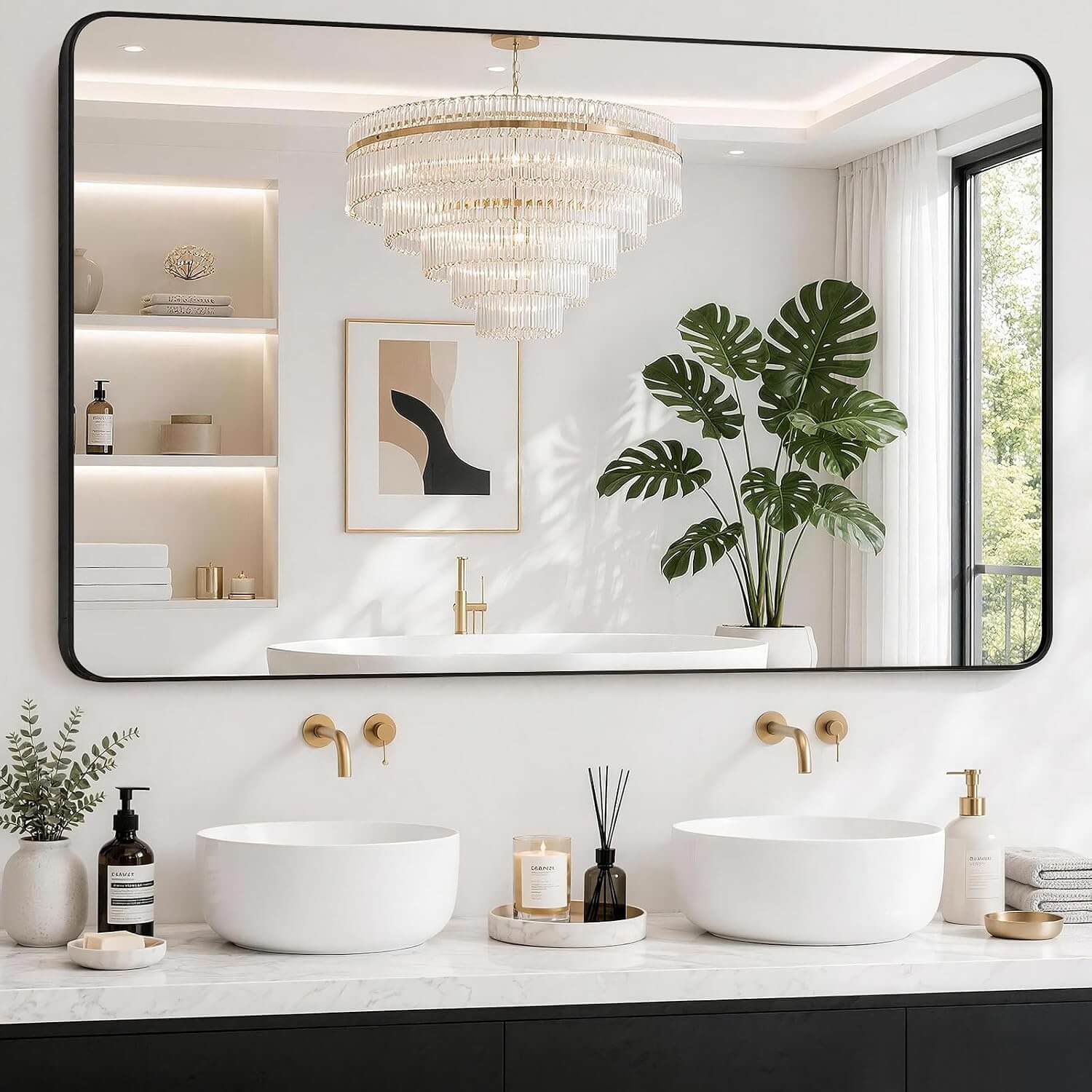 Sleek Black Metal Framed Bathroom Mirror - 60x36 Inch Modern Rectangular Vanity Mirror for Stylish Home Decor