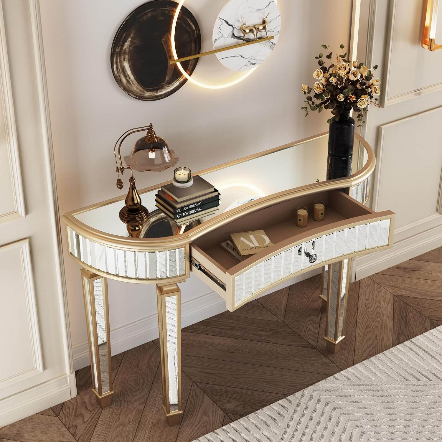 Stylish 47-Inch Mirrored Console Table with Crystal Knob - Modern Glam Entryway Table for Living Room and Hallway