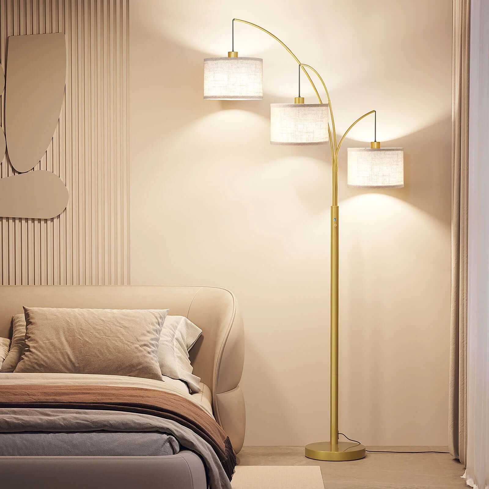 3 Lights Gold Arc Floor Lamps for Living Room, 78" Tall Standing Lamp with Hanging Drum Shade, Modern Arc Floor Lamps with Heavy Base, Mid Century Arched Tree Floor Lamp for Bedroom, Office