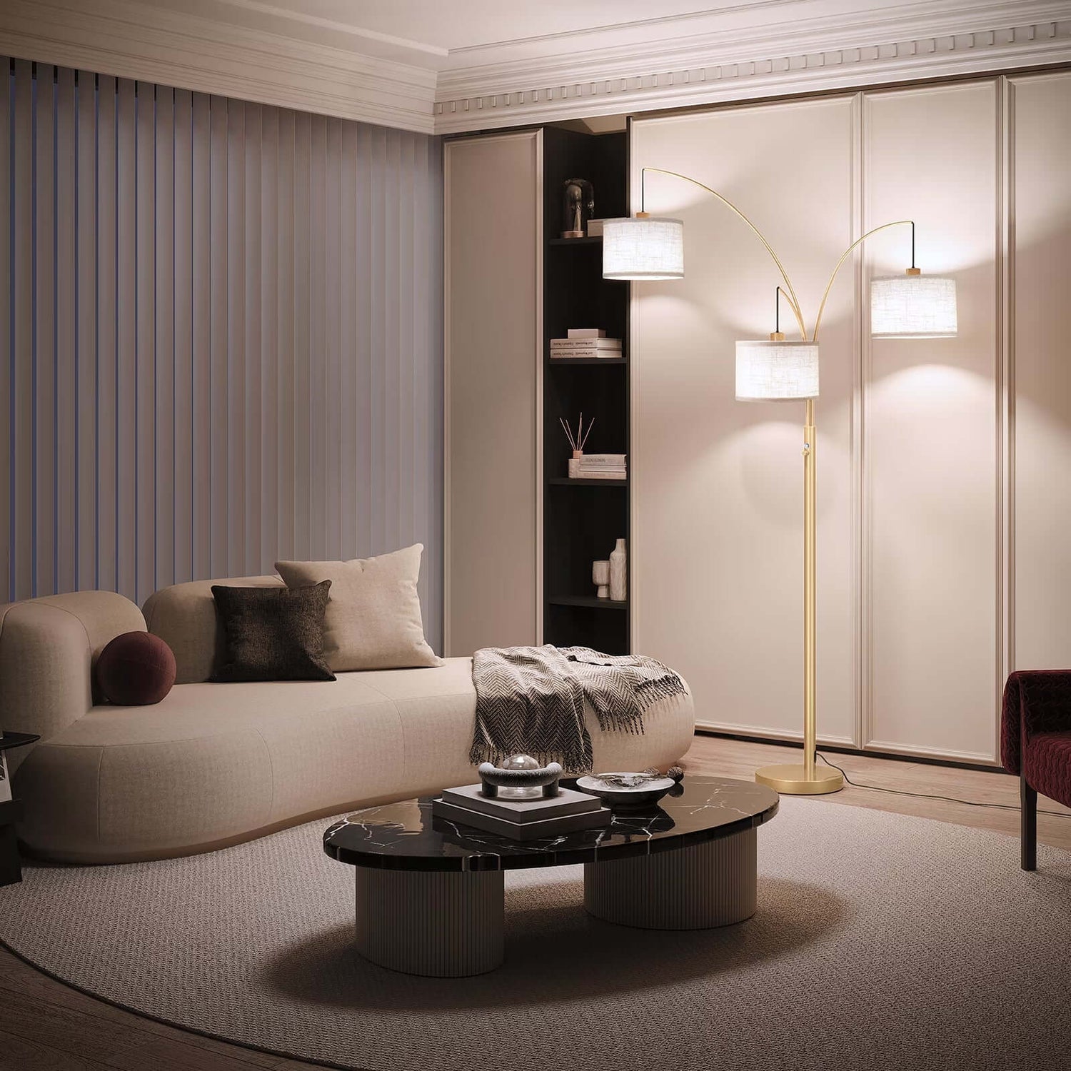 3 Lights Gold Arc Floor Lamps for Living Room, 78" Tall Standing Lamp with Hanging Drum Shade, Modern Arc Floor Lamps with Heavy Base, Mid Century Arched Tree Floor Lamp for Bedroom, Office