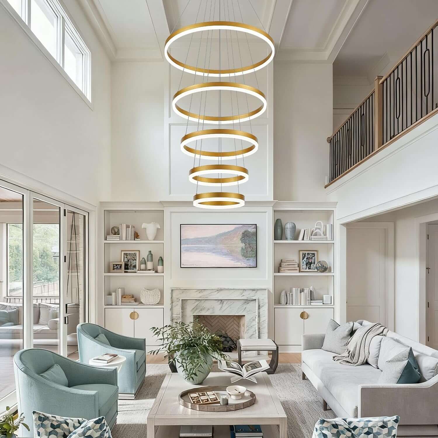 Stunning 5-Ring Gold LED Chandelier - Modern Dimmable Pendant Light Fixture with Remote Control for High Ceilings in Entryway, Living Room, and Staircase