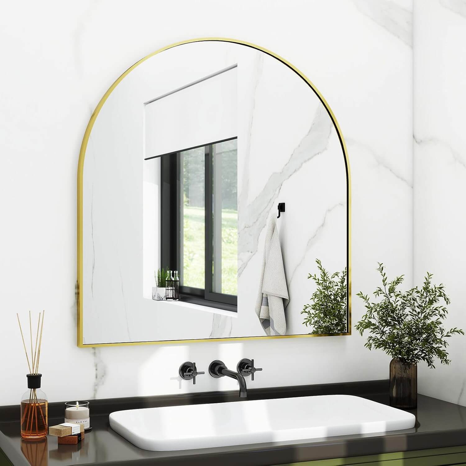 Stunning 31" x 32" Arched Gold Wall Mirror - Perfect for Bathroom, Bedroom, Living Room &amp; Entryway Decor