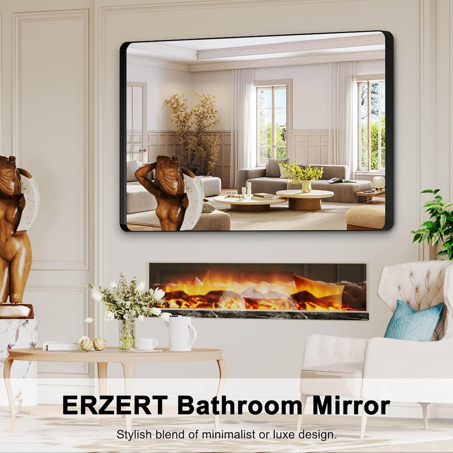 Sleek Black Metal Framed Bathroom Mirror - 60x36 Inch Modern Rectangular Vanity Mirror for Stylish Home Decor