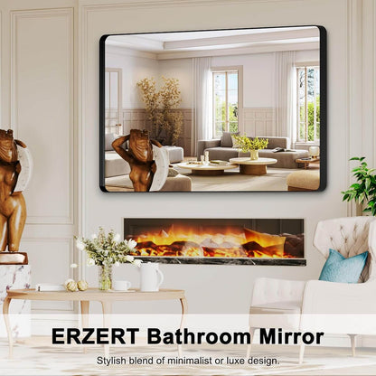 Sleek Black Metal Framed Bathroom Mirror - 60x36 Inch Modern Rectangular Vanity Mirror for Stylish Home Decor