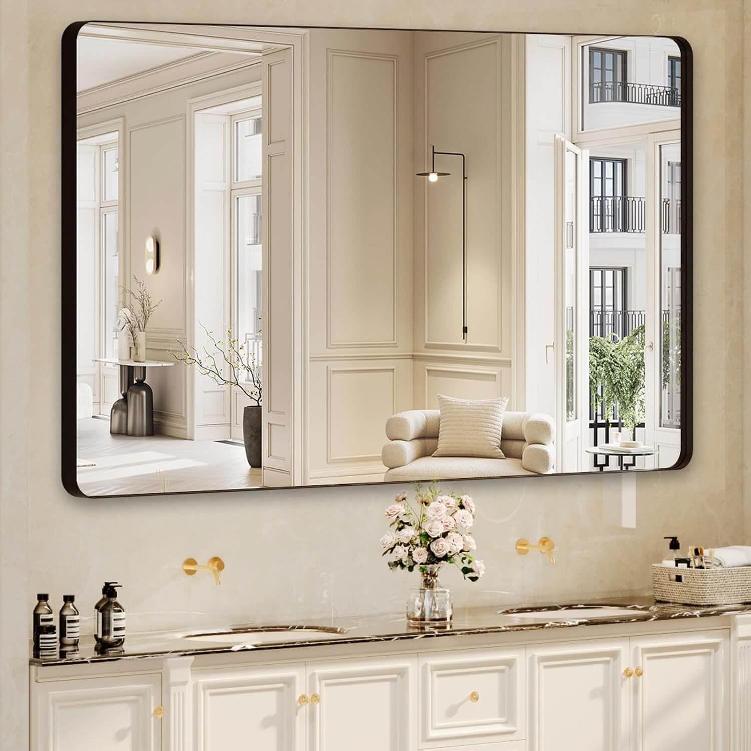 Sleek Black Metal Framed Bathroom Mirror - 60x36 Inch Modern Rectangular Vanity Mirror for Stylish Home Decor