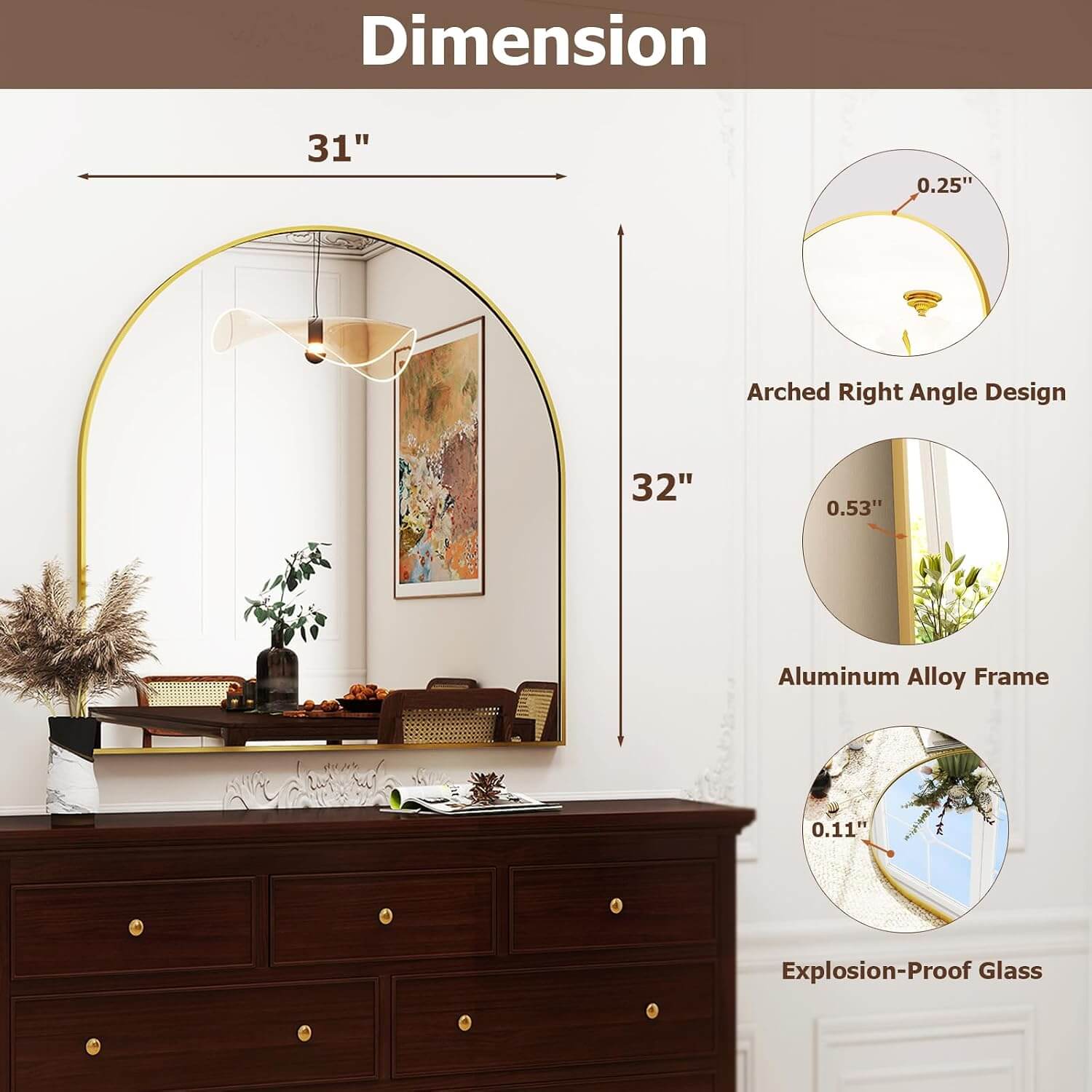 Stunning 31" x 32" Arched Gold Wall Mirror - Perfect for Bathroom, Bedroom, Living Room &amp; Entryway Decor