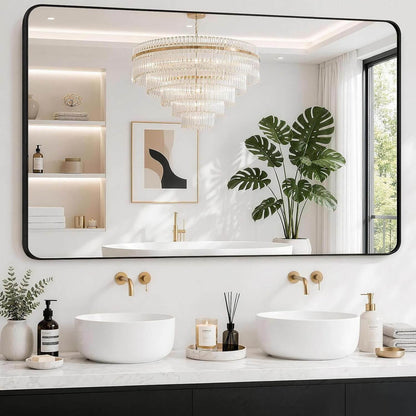 Sleek Black Metal Framed Bathroom Mirror - 60x36 Inch Modern Rectangular Vanity Mirror for Stylish Home Decor