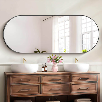 Sleek Black Oval Wall Mirror - 24" x 60" Modern Metal Frame for Bathroom, Bedroom, and Entryway