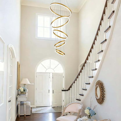 Stunning 5-Ring Gold LED Chandelier - Modern Dimmable Pendant Light Fixture with Remote Control for High Ceilings in Entryway, Living Room, and Staircase