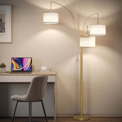 3 Lights Gold Arc Floor Lamps for Living Room, 78" Tall Standing Lamp with Hanging Drum Shade, Modern Arc Floor Lamps with Heavy Base, Mid Century Arched Tree Floor Lamp for Bedroom, Office