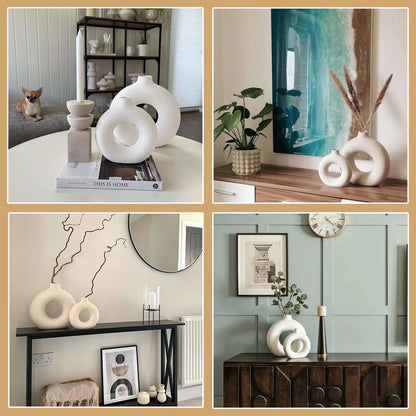 Elevate Your Home Decor with Our Set of 2 Stylish White Ceramic Donut Vases - Perfect for Modern Farmhouse Aesthetics!