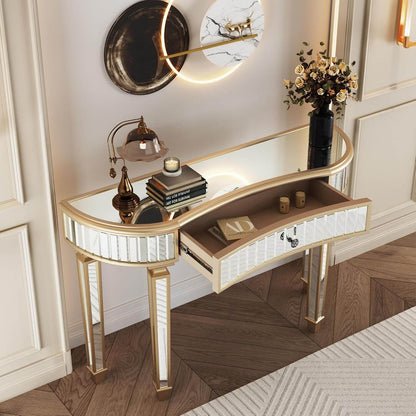 Stylish 47-Inch Mirrored Console Table with Crystal Knob - Modern Glam Entryway Table for Living Room and Hallway