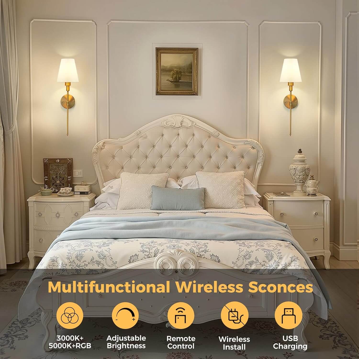 Illuminate Your Space with Our Set of 2 Battery Operated Wall Sconces - Stylish Gold Design with Wireless Remote Control and Adjustable Brightness
