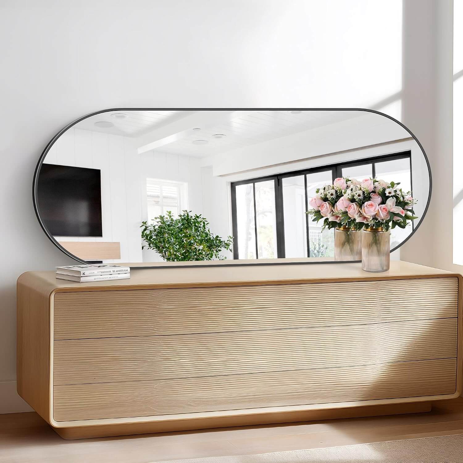 Sleek Black Oval Wall Mirror - 24" x 60" Modern Metal Frame for Bathroom, Bedroom, and Entryway