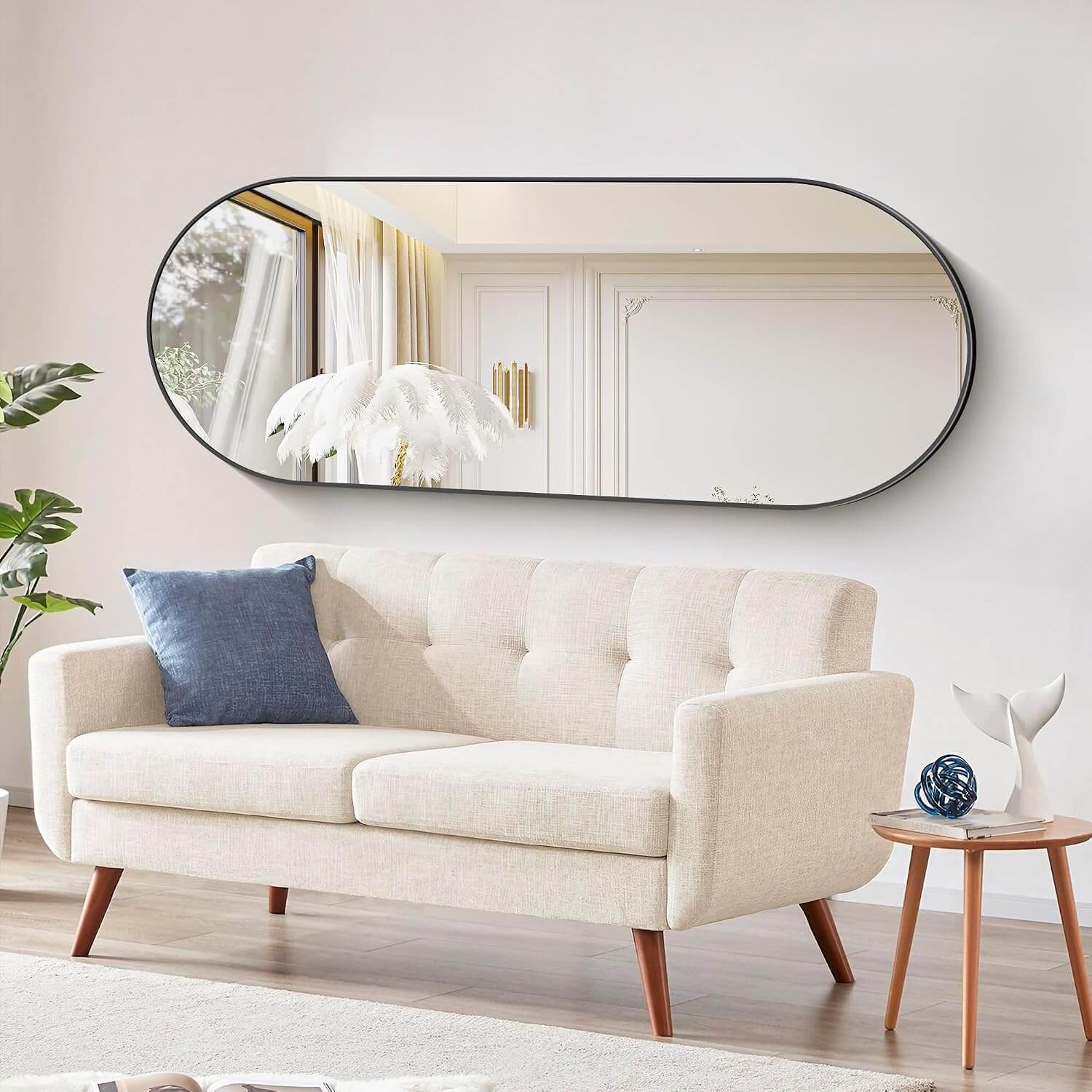 Sleek Black Oval Wall Mirror - 24" x 60" Modern Metal Frame for Bathroom, Bedroom, and Entryway