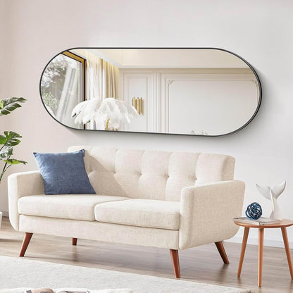 Sleek Black Oval Wall Mirror - 24" x 60" Modern Metal Frame for Bathroom, Bedroom, and Entryway