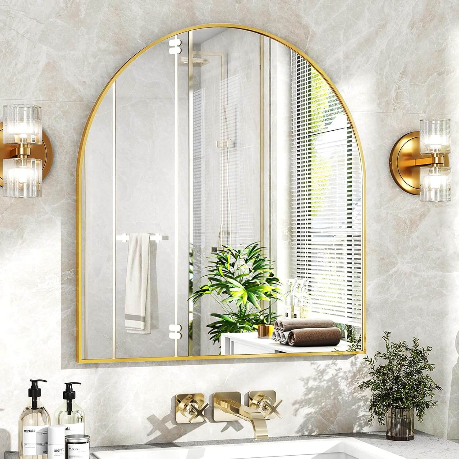 Stunning 31" x 32" Arched Gold Wall Mirror - Perfect for Bathroom, Bedroom, Living Room &amp; Entryway Decor