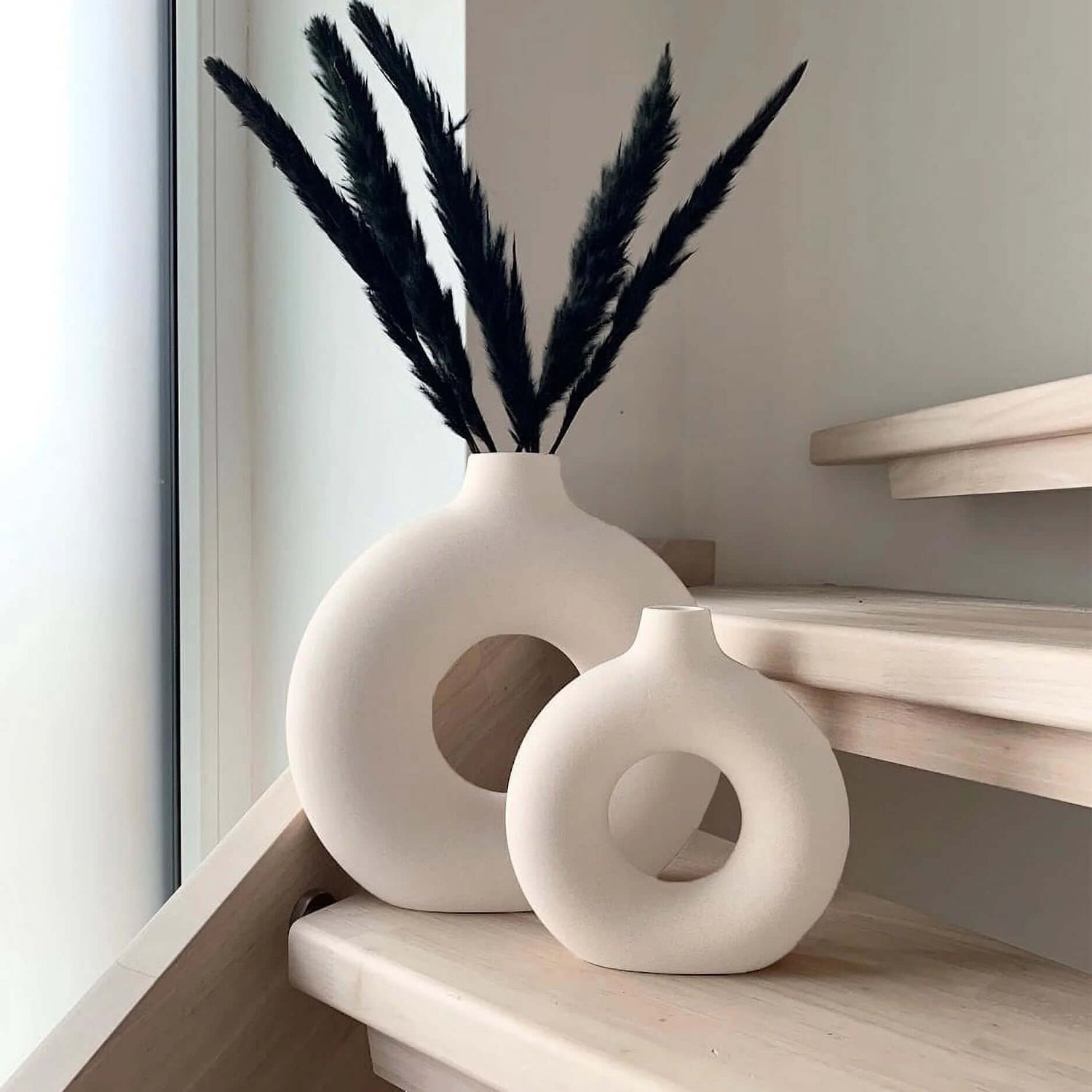 Elevate Your Home Decor with Our Set of 2 Stylish White Ceramic Donut Vases - Perfect for Modern Farmhouse Aesthetics!