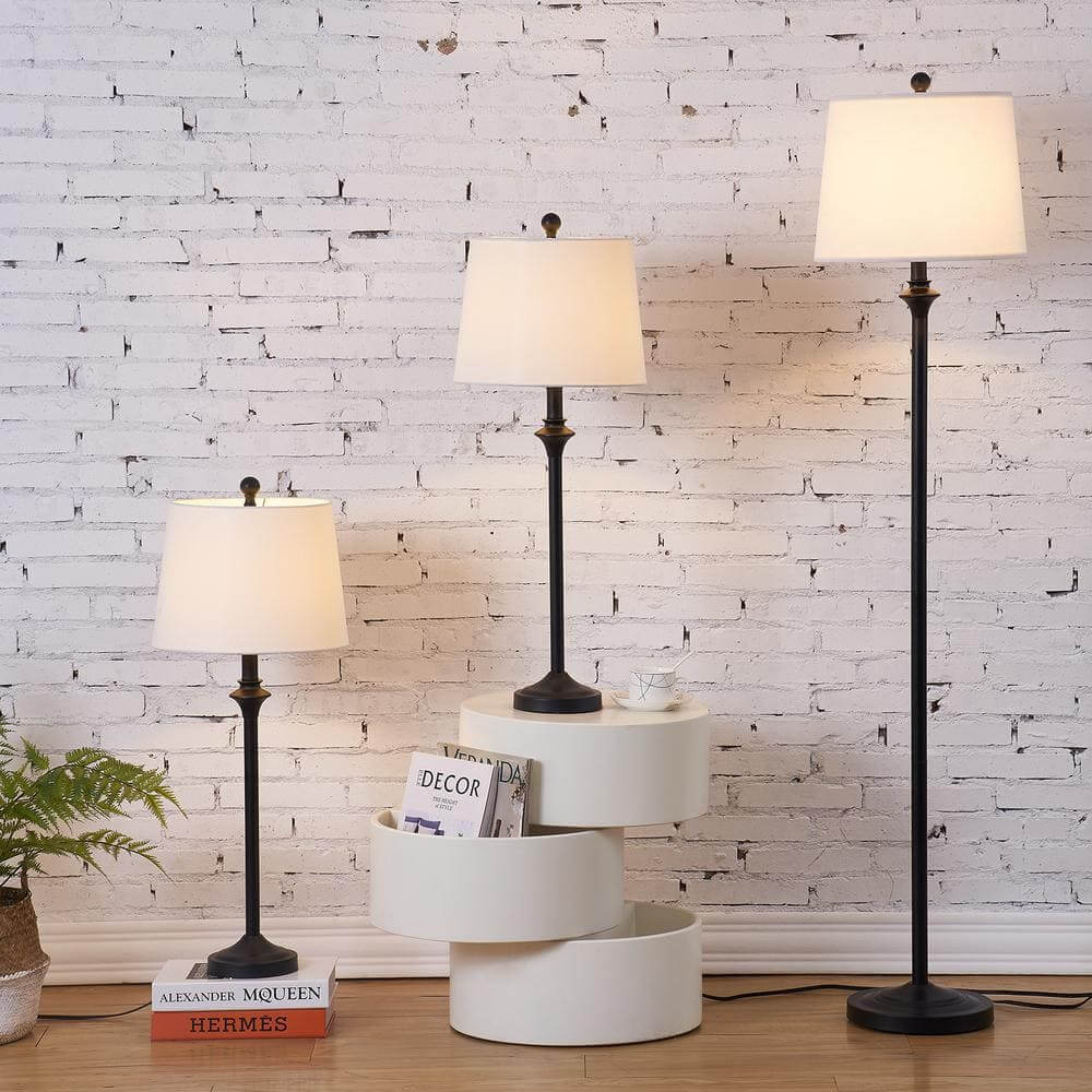 Illuminate Your Space with the 57.5 In. Black 3-Piece Traditional Dimmable Floor and Table Lamp Set - Perfect for Any Room!