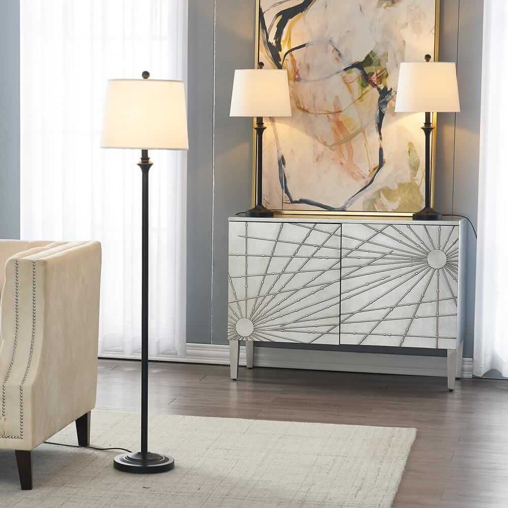 Illuminate Your Space with the 57.5 In. Black 3-Piece Traditional Dimmable Floor and Table Lamp Set - Perfect for Any Room!
