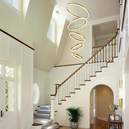 Stunning 5-Ring Gold LED Chandelier - Modern Dimmable Pendant Light Fixture with Remote Control for High Ceilings in Entryway, Living Room, and Staircase