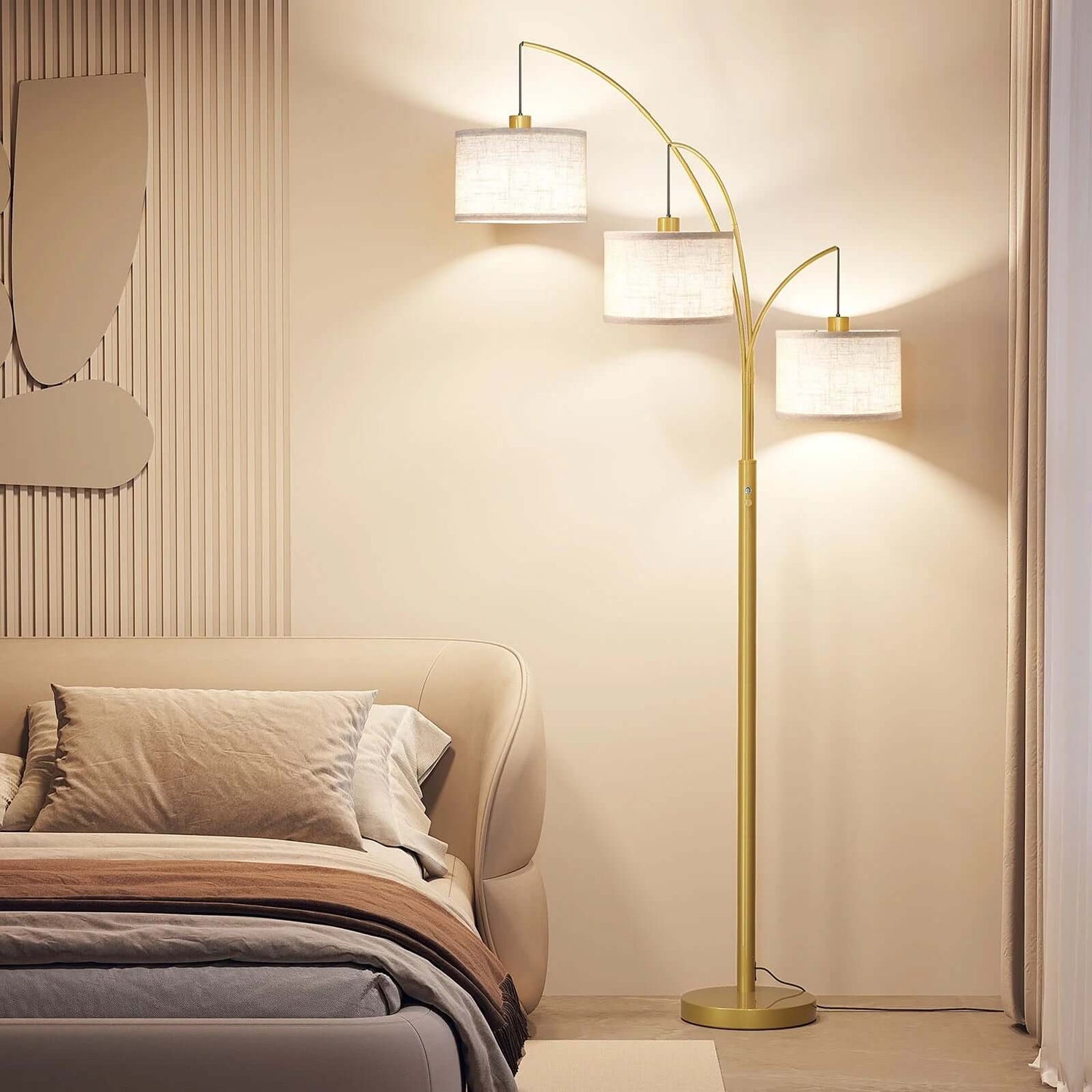 3 Lights Gold Arc Floor Lamps for Living Room, 78" Tall Standing Lamp with Hanging Drum Shade, Modern Arc Floor Lamps with Heavy Base, Mid Century Arched Tree Floor Lamp for Bedroom, Office