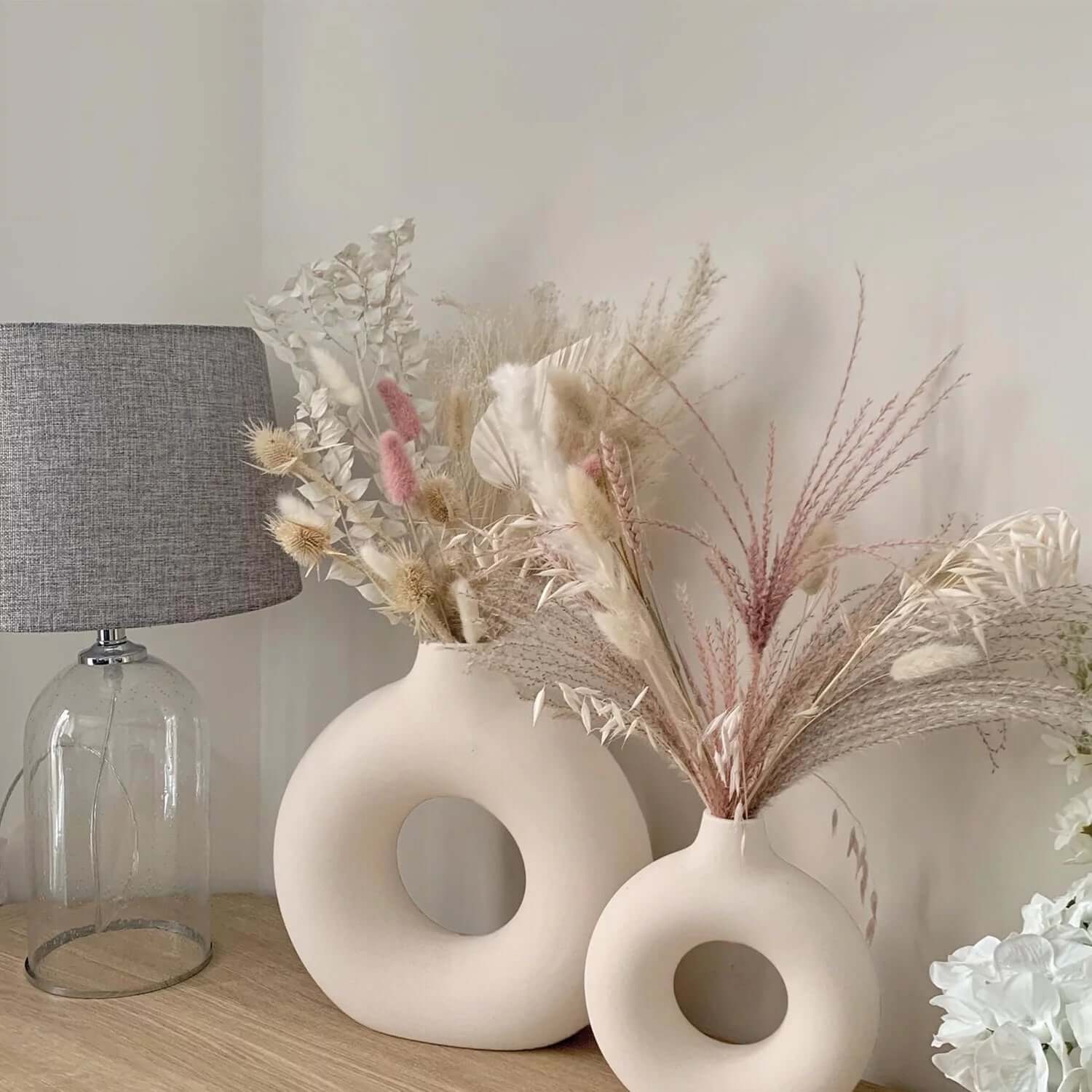 Elevate Your Home Decor with Our Set of 2 Stylish White Ceramic Donut Vases - Perfect for Modern Farmhouse Aesthetics!