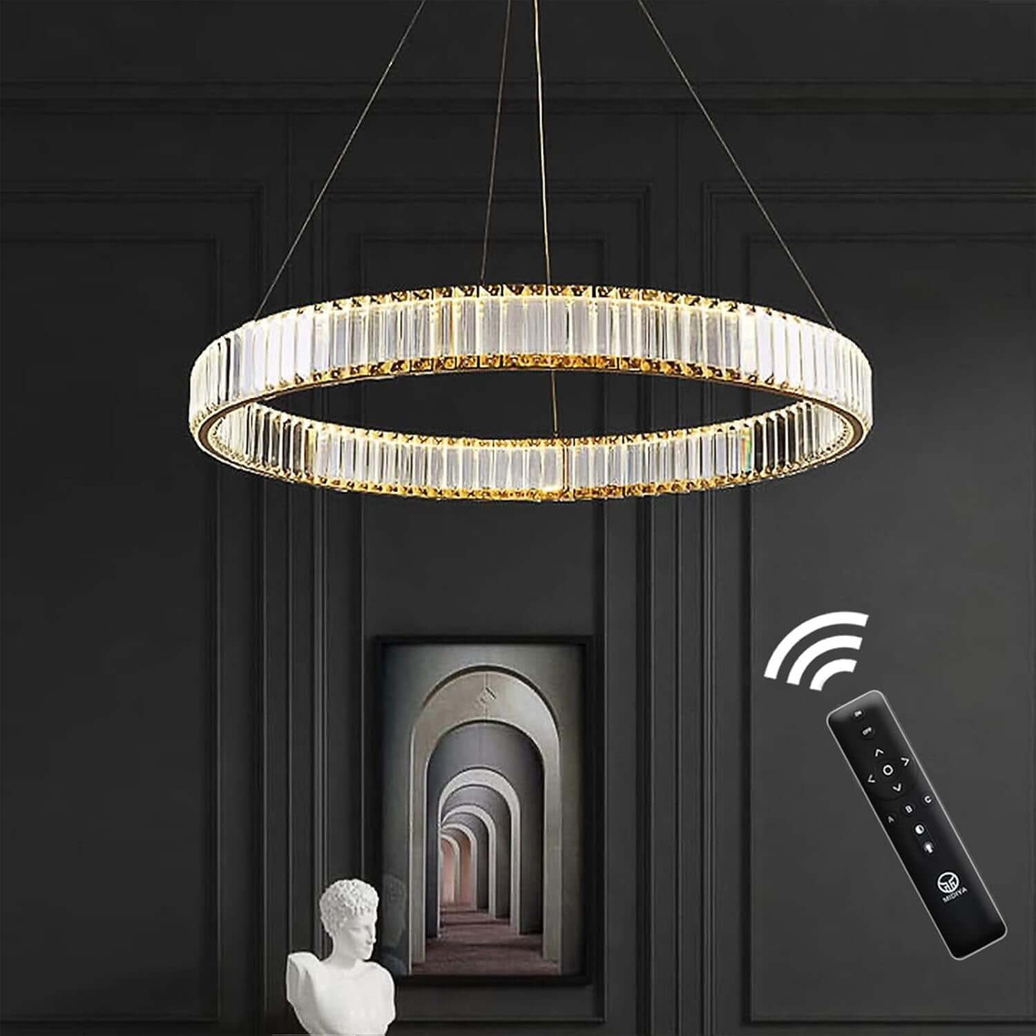 Stunning Modern Gold Crystal Chandelier - Dimmable 24" Round Pendant Light with Remote Control for Elegant Living Spaces