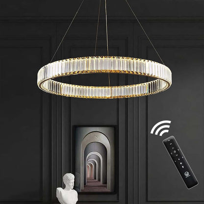Stunning Modern Gold Crystal Chandelier - Dimmable 24" Round Pendant Light with Remote Control for Elegant Living Spaces